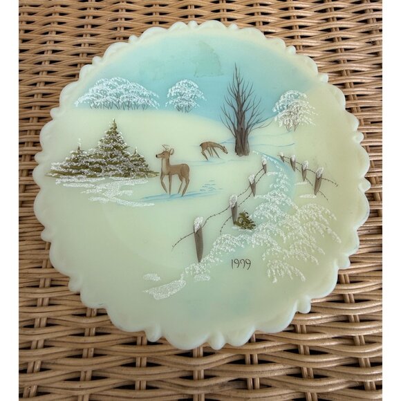 Fenton Other - 1979 Fenton Artist Jim Andrick "Nature's Christmas" Uranium Custard Satin Plate